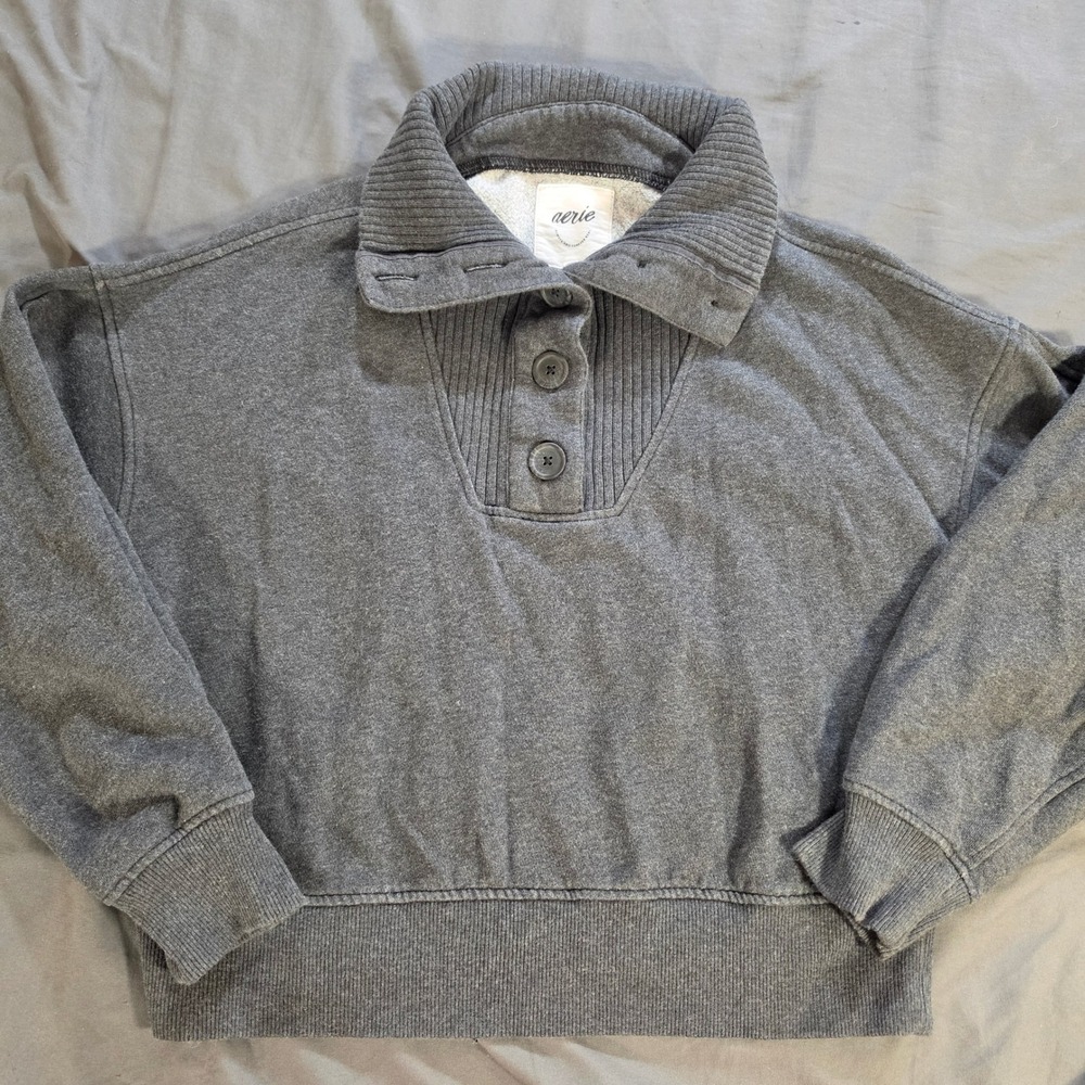 Aerie Womens Gray Quarter Button Mock Neck Ribbed Pullover Sweatshirt Medium